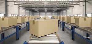 Warehouse with boxes and conveyors